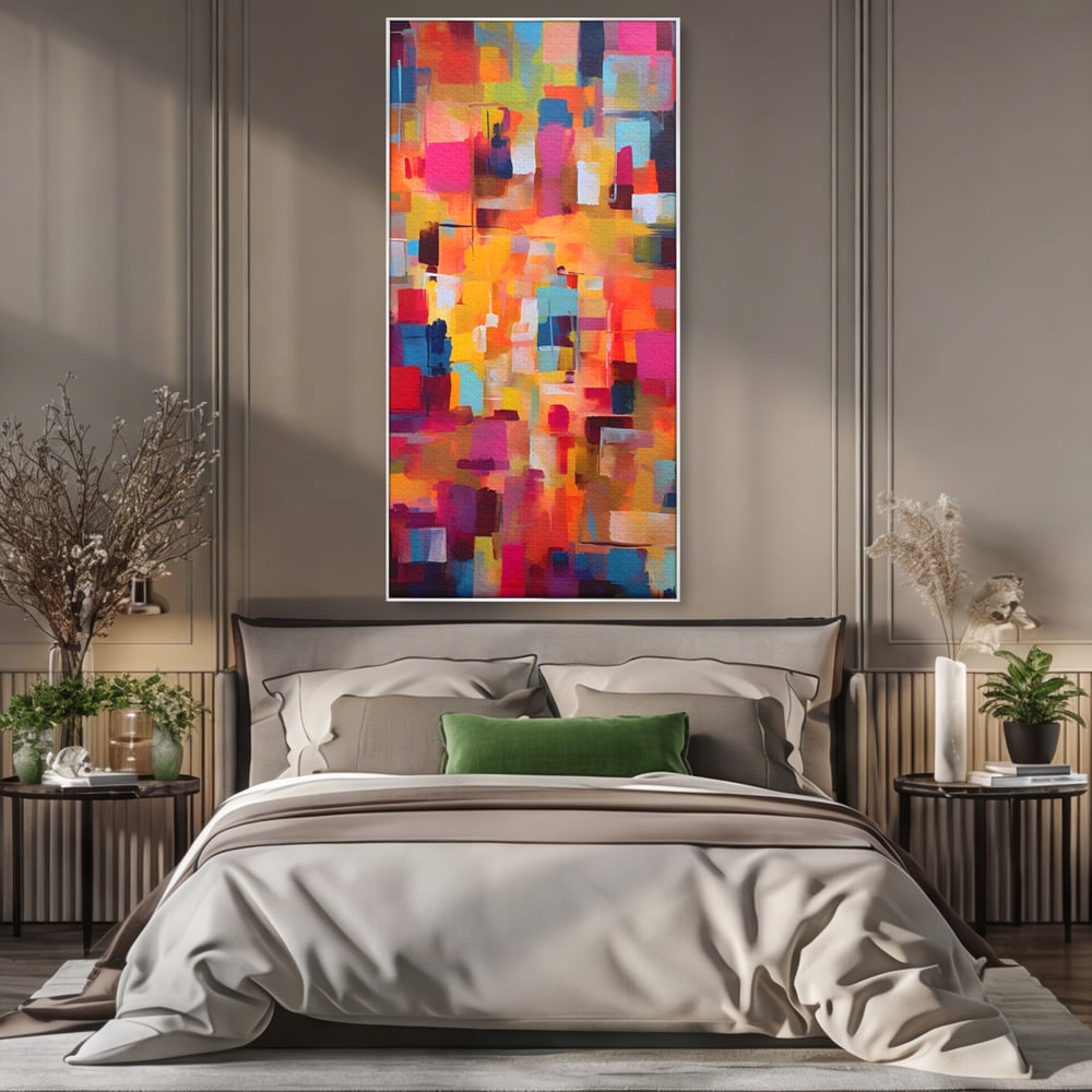 Tablou canvas cu pictura abstracta cu blocuri de culoare, in rama de aluminiu argintiu, pe perete intr-un dormitor